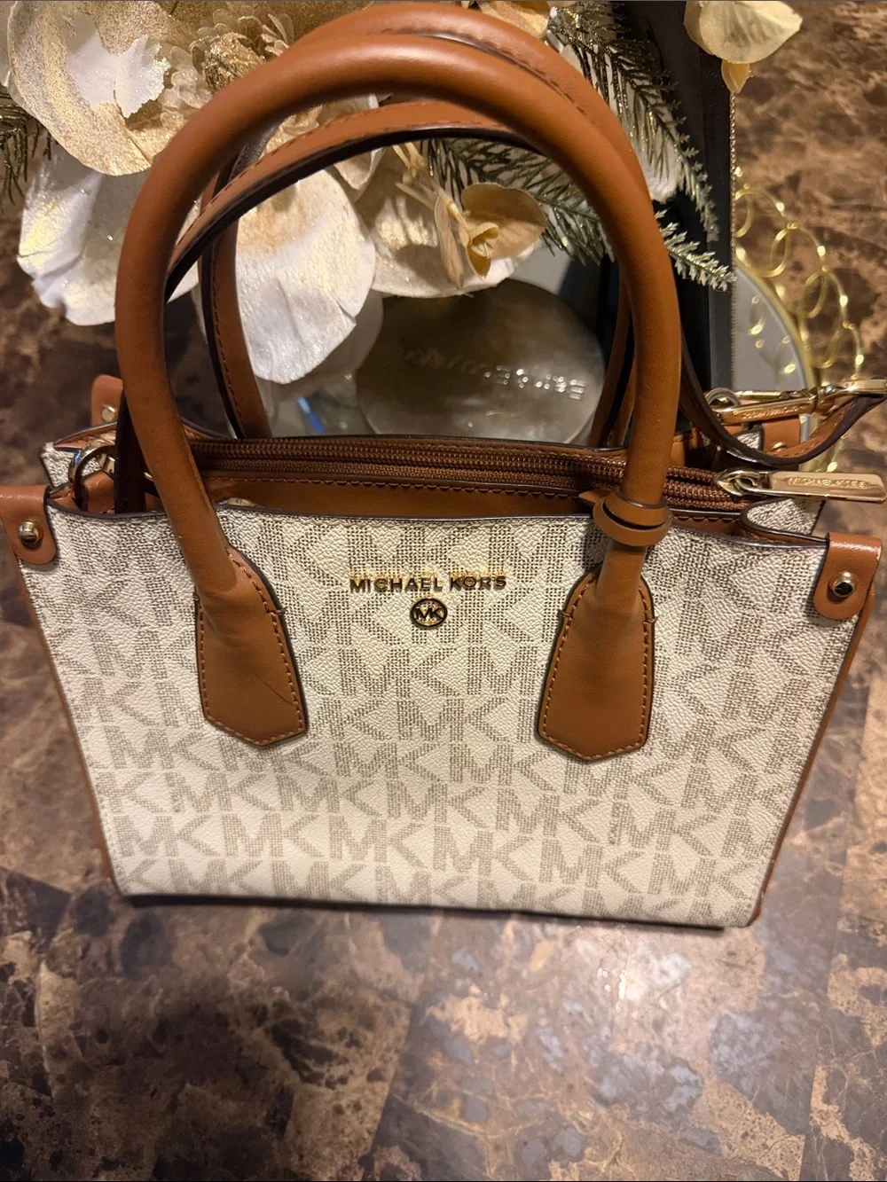 Michael Kors Beige/ Brown Logo Small Satchel